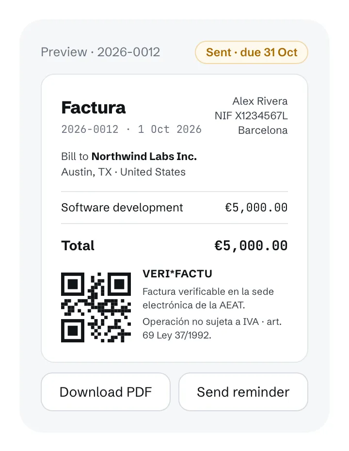 Ecranul Facturi, cu statusul Verifactu al fiecărei facturi