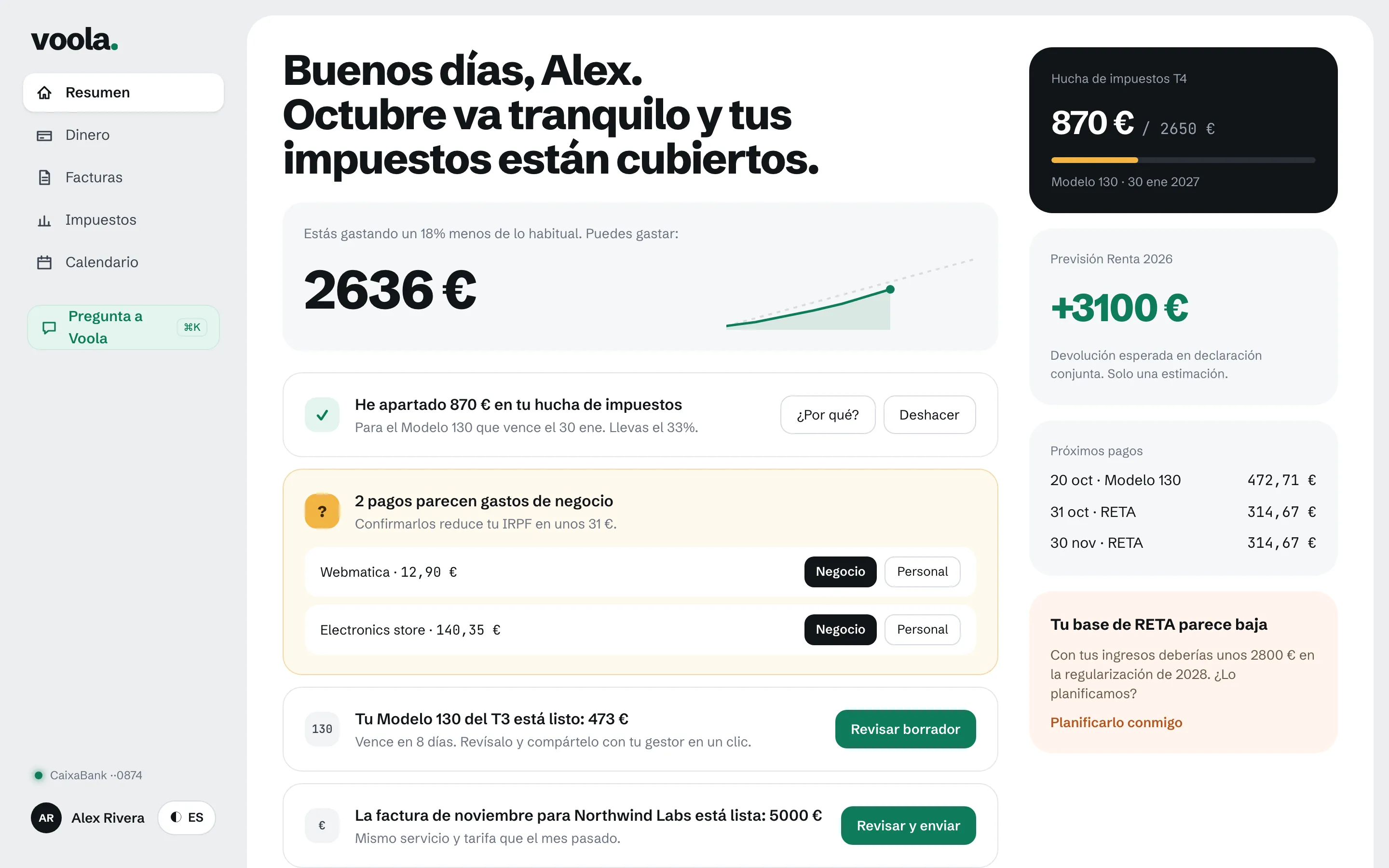 El resumen de Voola: lo que puedes gastar, la hucha de impuestos y lo que Voola ha hecho hoy